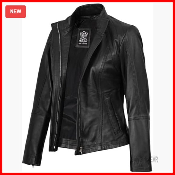 Lambskin Leather Jacket Stand Collar Cafe Racer Style Women's Outerwear